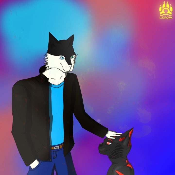 un dibujo que hice para el cumpeaños de alexblue, son el y su mascota