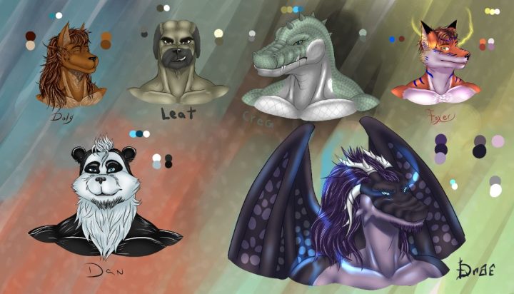 Ilustración con mis OC hasta ahora. De izquierda